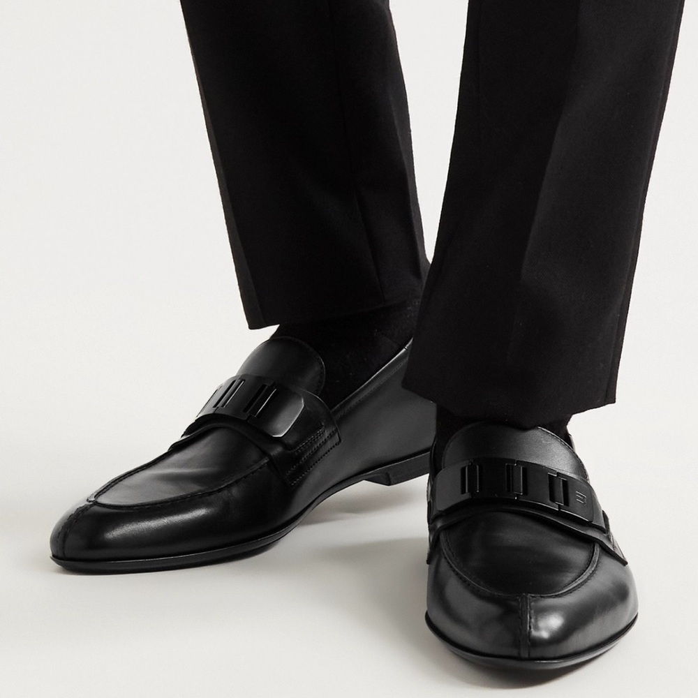 DUNHILL Link Chain Embellished Brushed Leather Loafers Black
